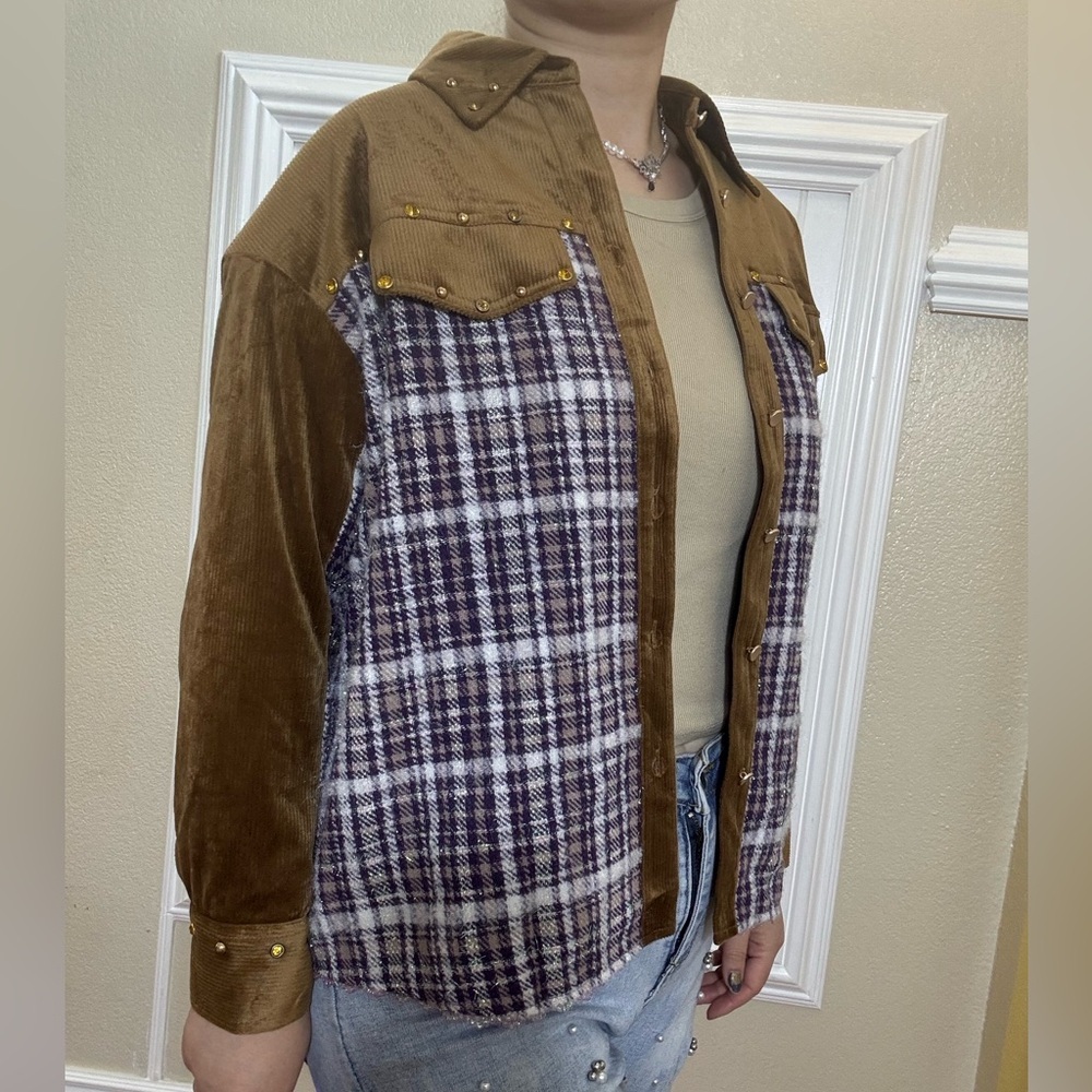 Anthropologie Brown Plaid Button-Up Shirt with Studded Pockets - Picture 4 of 5